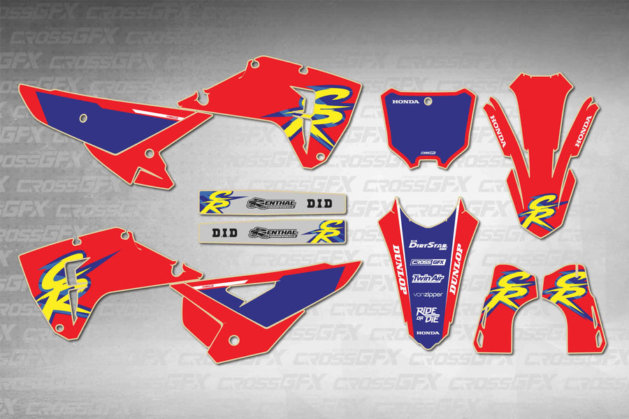 Honda CRF 250RX 2025-2026 Retro 94 Red graphics kit - flat layout showing all decal pieces included