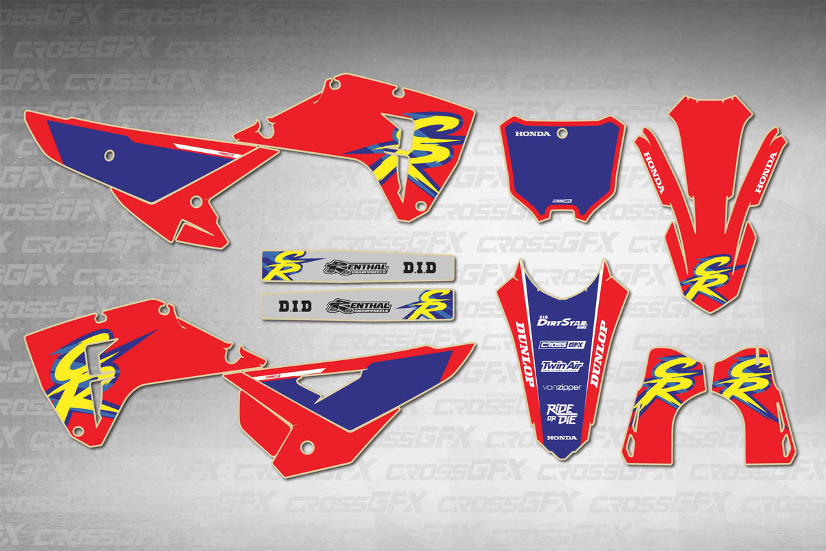 Honda CRF 450RX 2025-2026 Retro 94 Red graphics kit - flat layout showing all decal pieces included