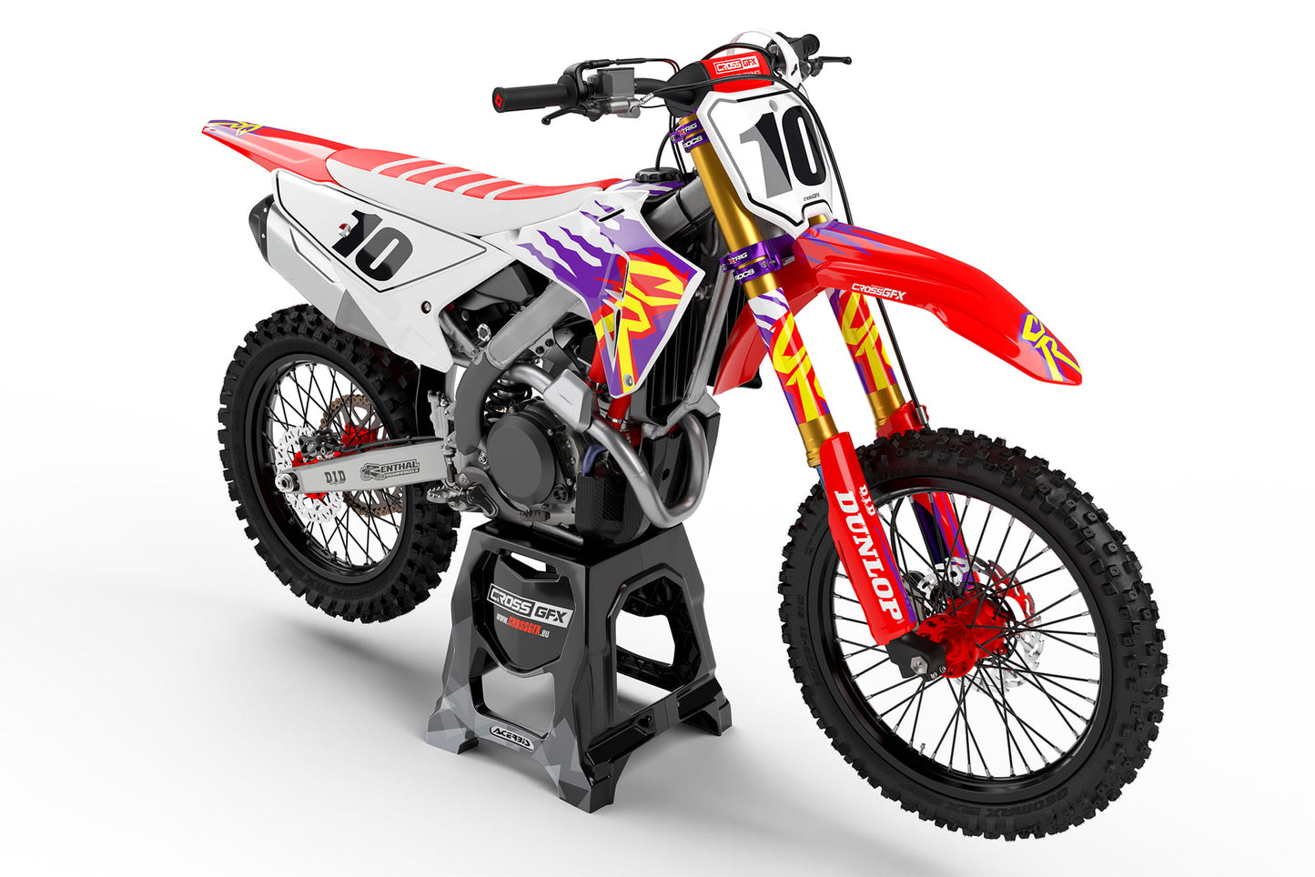 Front view of the Retro 95 Red motocross graphics kit on a Honda dirt bike.
