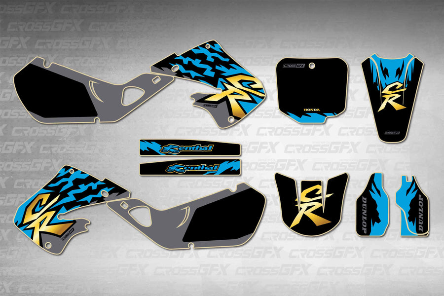 Graphics for Honda CR 250R 1997-1999 - Retro 97 Blue - flat layout showing all decal pieces included