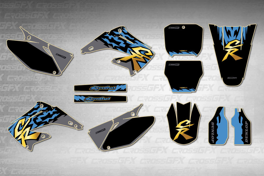 Graphics for Honda CR 250R 2002-2007 - Retro 97 Blue - flat layout showing all decal pieces included
