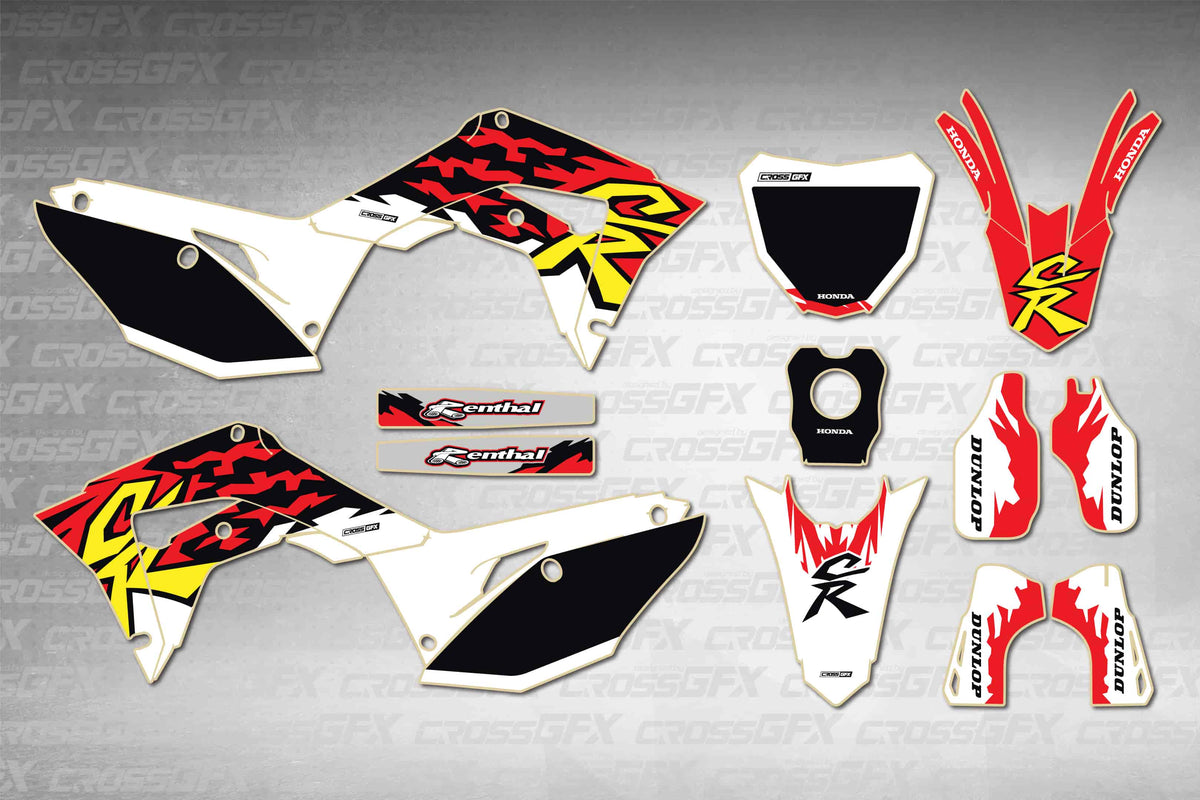 Honda CRF 250R 2018-2021 Retro 97 graphics kit - flat layout showing all decal pieces included