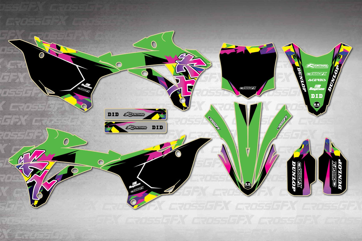 Graphics for Kawasaki KX 100 2014-2021 - Retro Green - flat layout showing all decal pieces included
