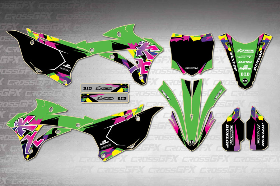 Graphics for Kawasaki KX 100 2014-2021 - Retro Green - flat layout showing all decal pieces included