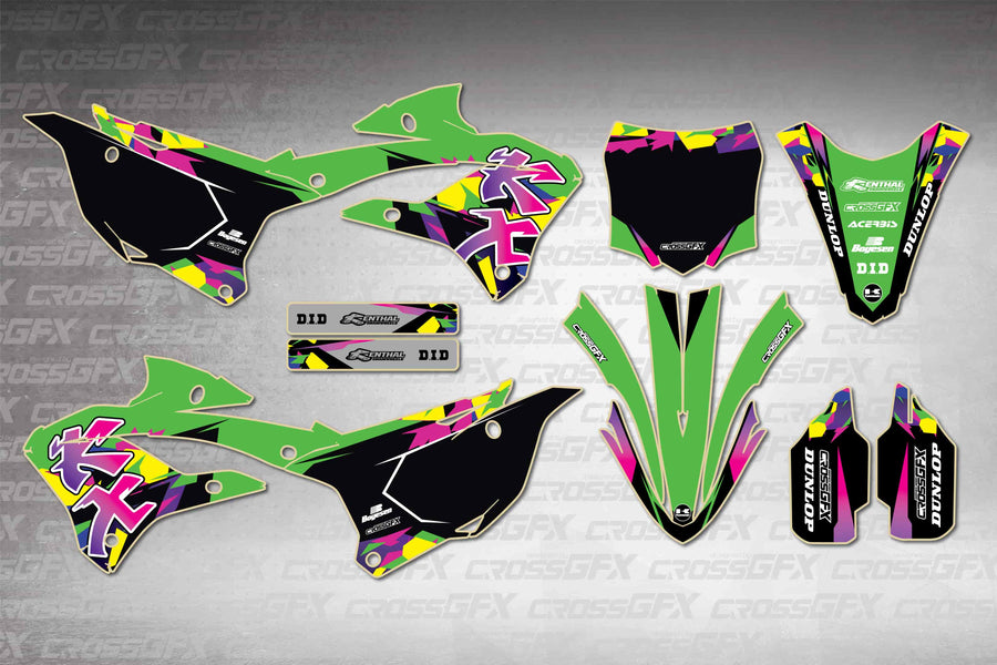 Graphics for Kawasaki KX 112 2022-2025 - Retro Green - flat layout showing all decal pieces included