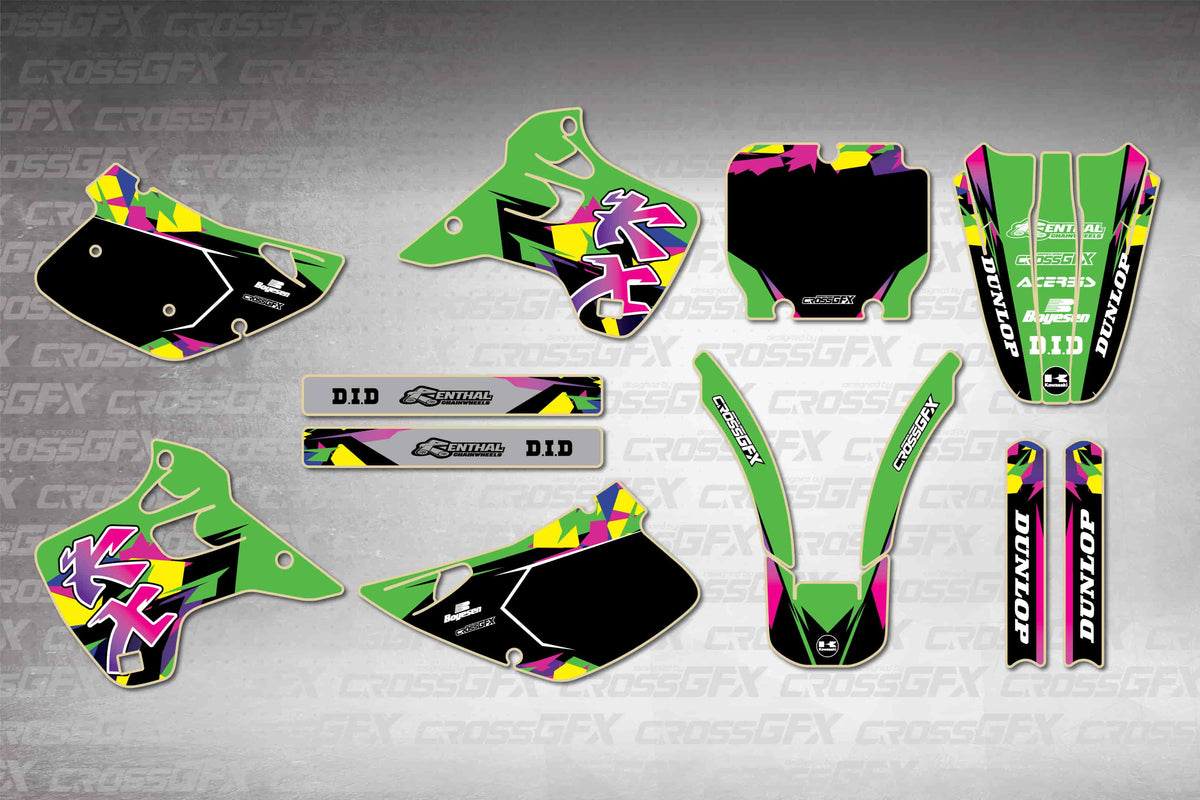 Graphics for Kawasaki KX 125 1992-1993 - Retro Green - flat layout showing all decal pieces included