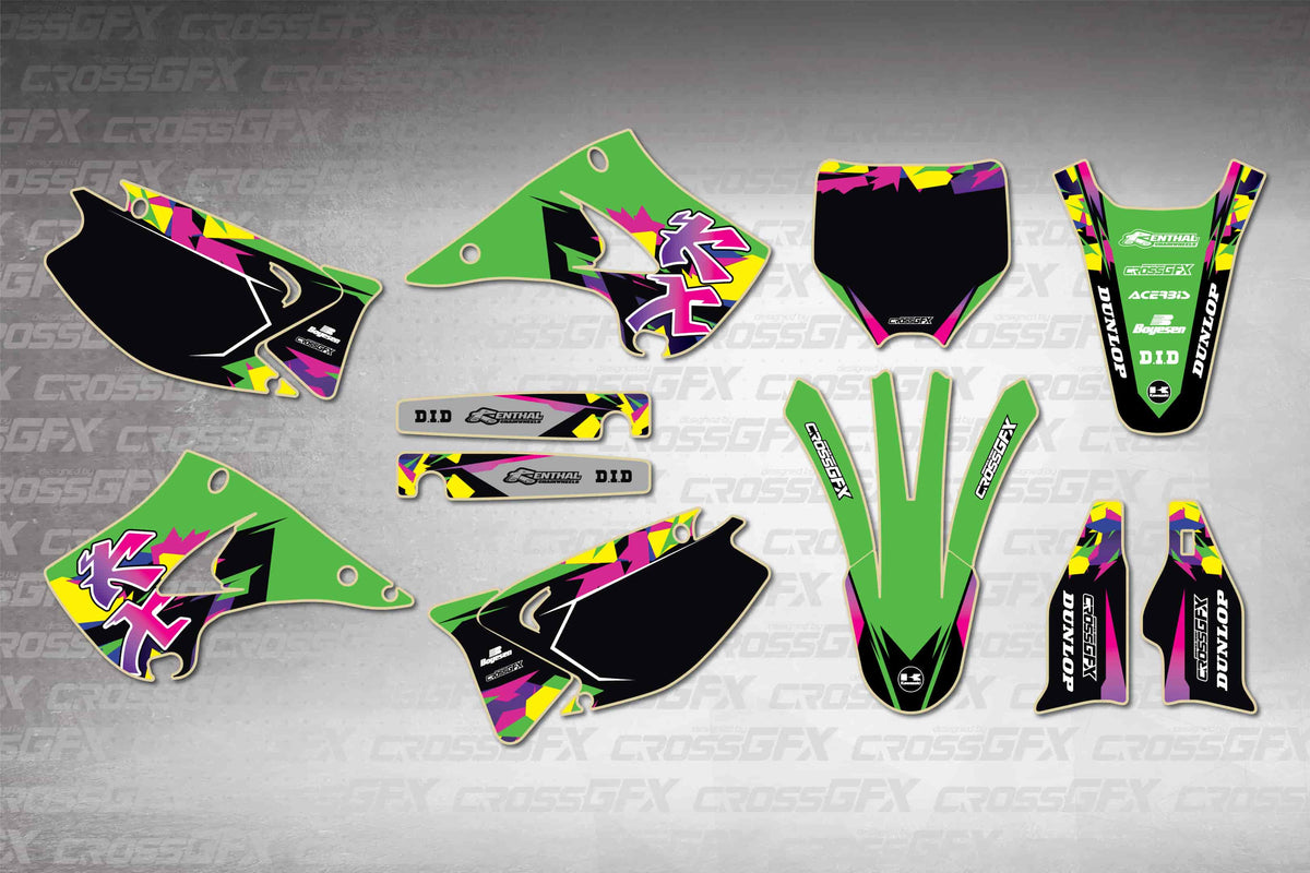 Graphics for Kawasaki KX 250 2003-2008 - Retro Green - flat layout showing all decal pieces included