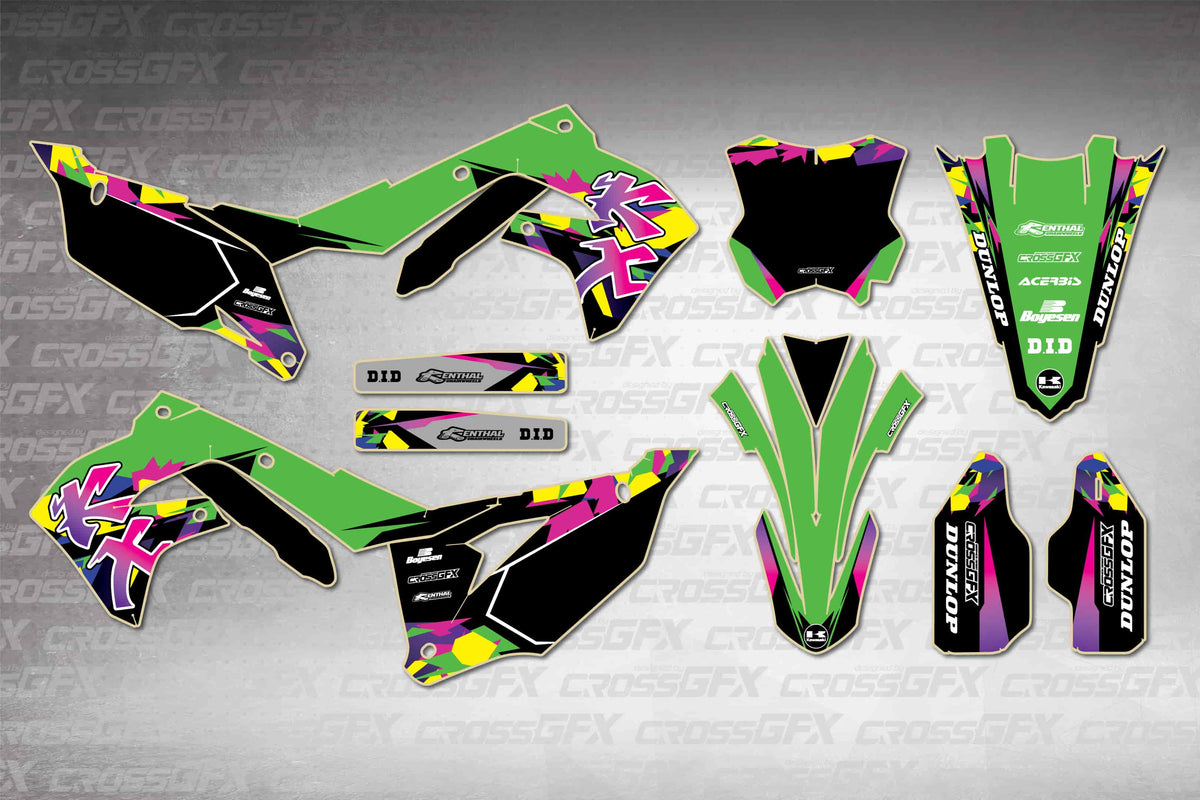 Graphics for Kawasaki KX 250 2021-2024 - Retro Green - flat layout showing all decal pieces included
