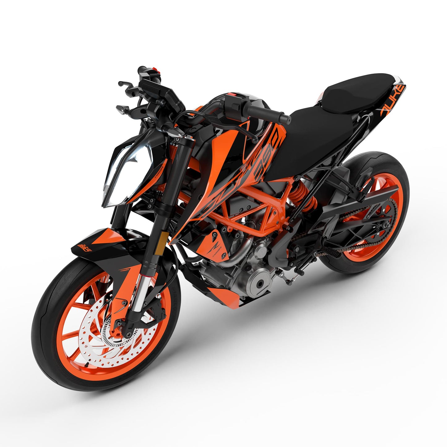 Perspective view of KTM 390 Duke street bike with asphalt orange graphics kit