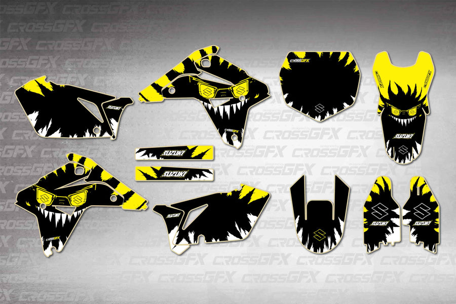 Graphics for Suzuki RMZ 450 2005-2006 - Roar Black - flat layout showing all decal pieces included