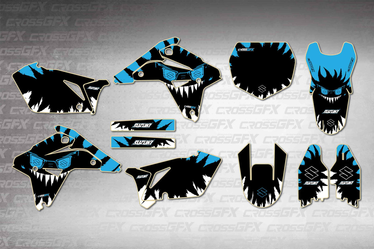 Graphics for Suzuki RMZ 450 2005-2006 - Roar Blue - flat layout showing all decal pieces included