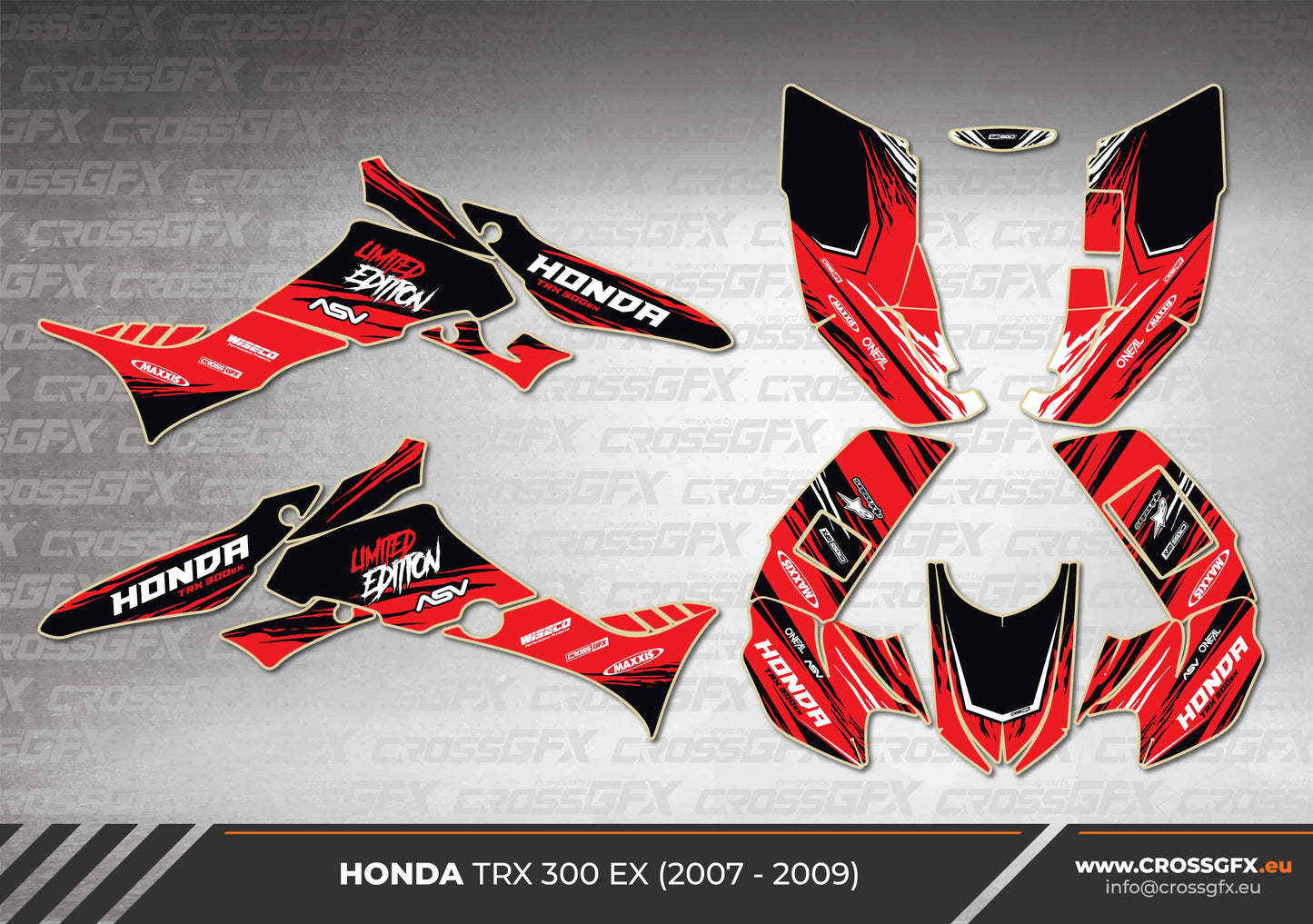Rush Black graphics kit layout for Honda TRX 300 EX, model years 2007 – 2009.