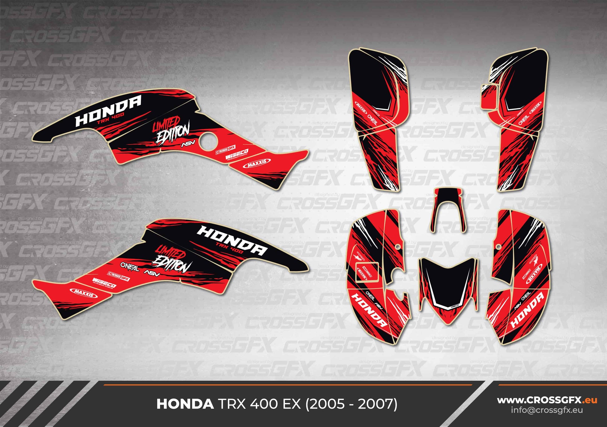 Rush Black graphics kit layout for Honda TRX 400, model years 2005–2007.
