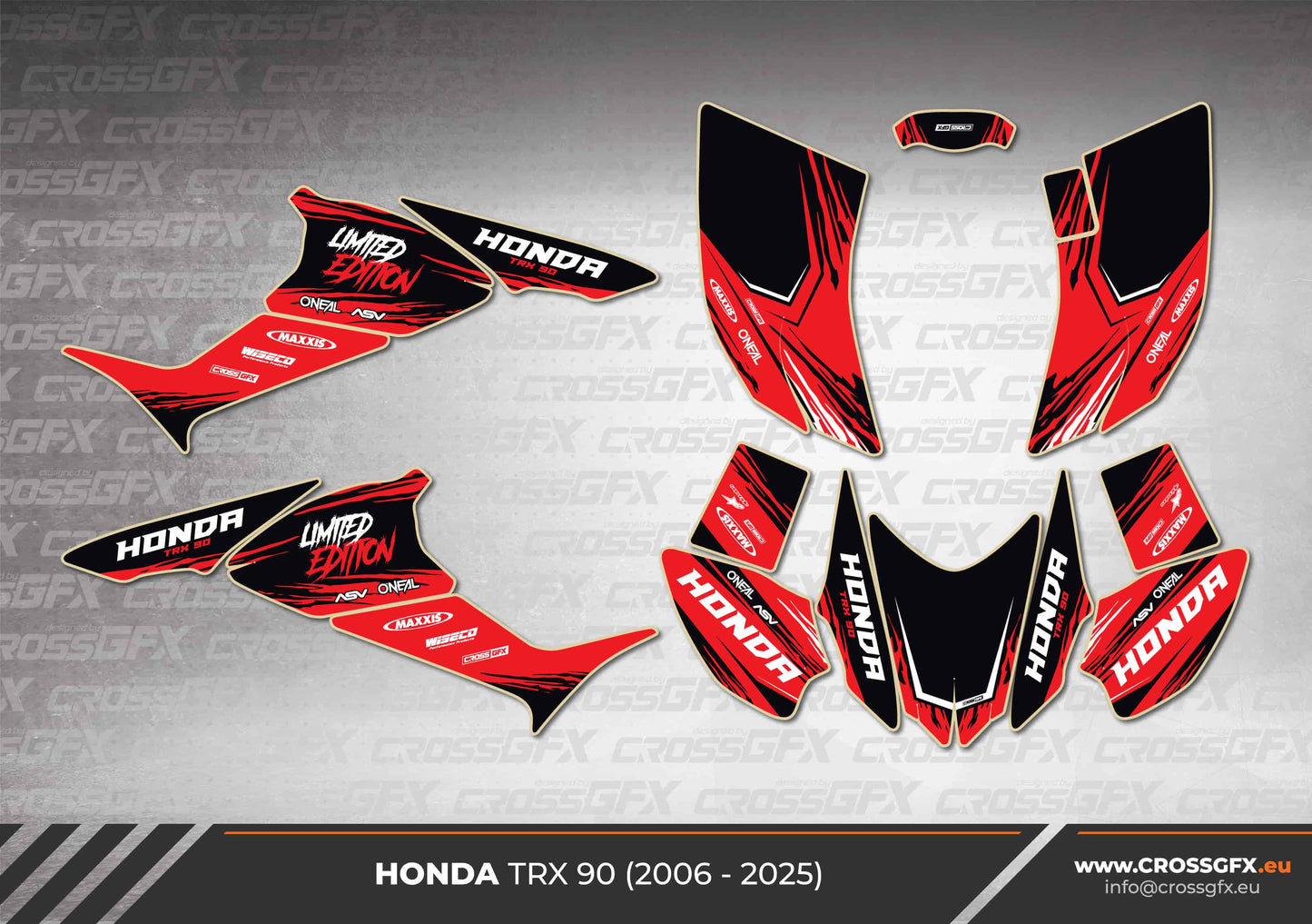 TRX 90 Rush Black semi-custom graphics kit flat layout.
