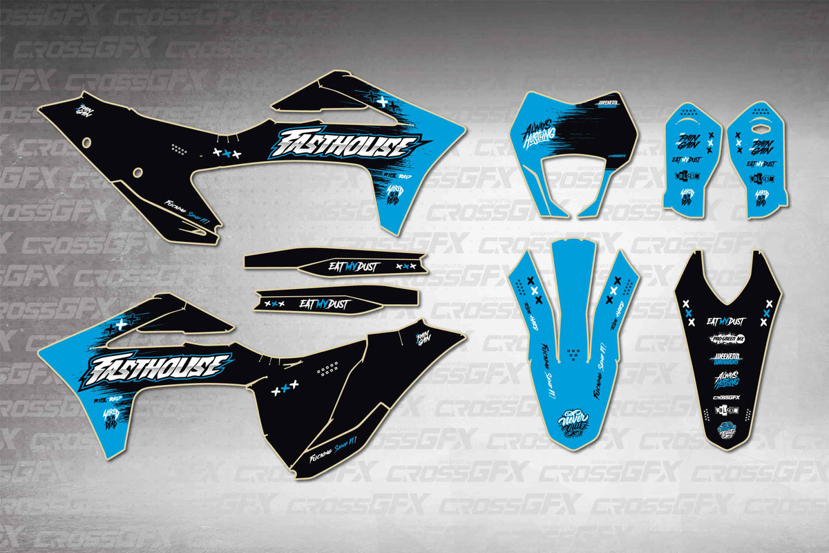 GasGas EC 2021-2023 Savage Blue graphics kit - flat layout showing all decal pieces included