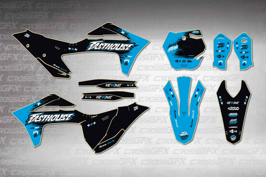 GasGas EX 2021-2023 Savage Blue graphics kit - flat layout showing all decal pieces included