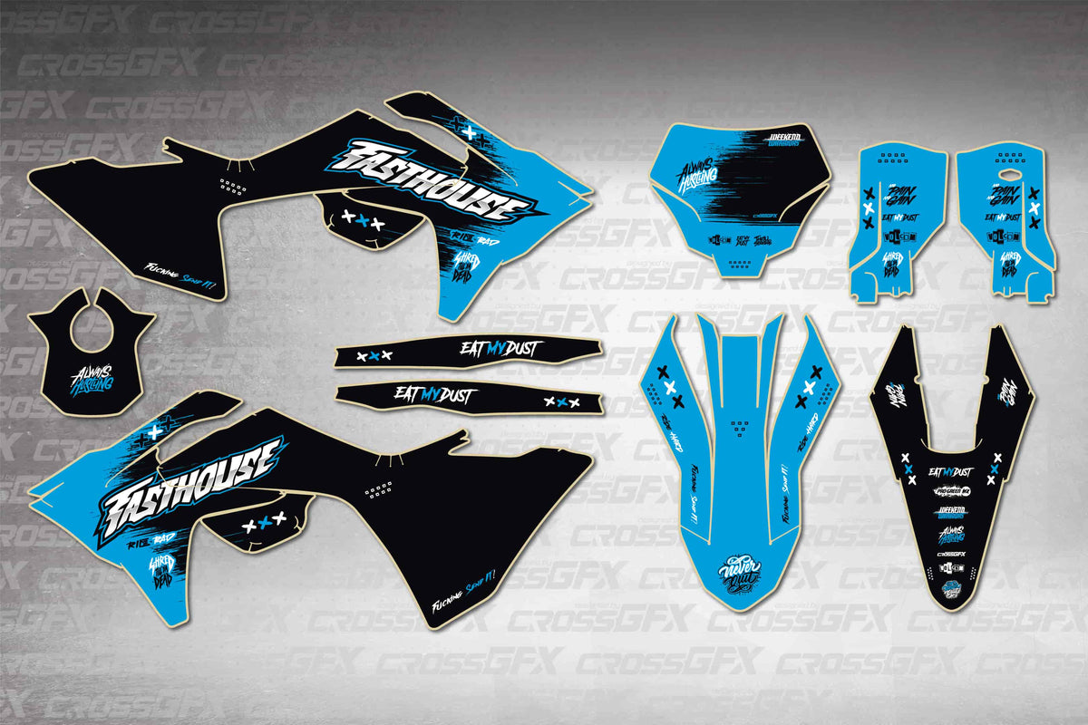 GasGas EX 2024-2026 Savage Blue graphics kit - flat layout showing all decal pieces included