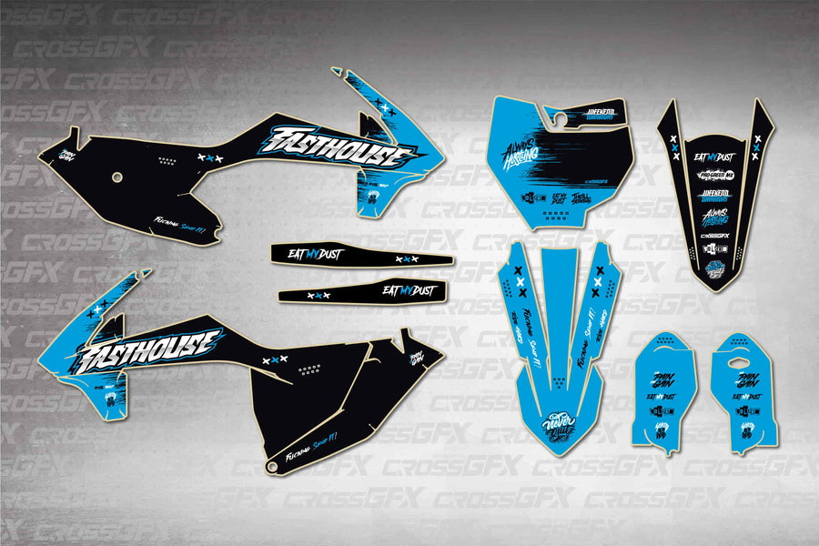 GasGas MC 85 2021-2024 Savage Blue graphics kit - flat layout showing all decal pieces included
