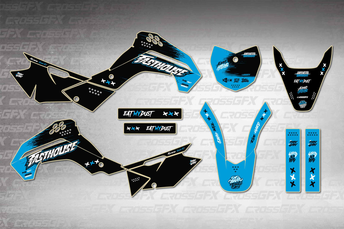 Graphics for Kawasaki KLX 140 2008-2018 - Savage Blue - flat layout showing all decal pieces included