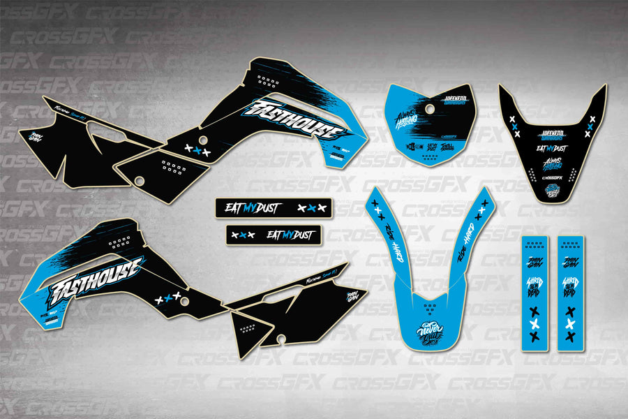 Graphics for Kawasaki KLX 140 2019-2022 - Savage Blue - flat layout showing all decal pieces included