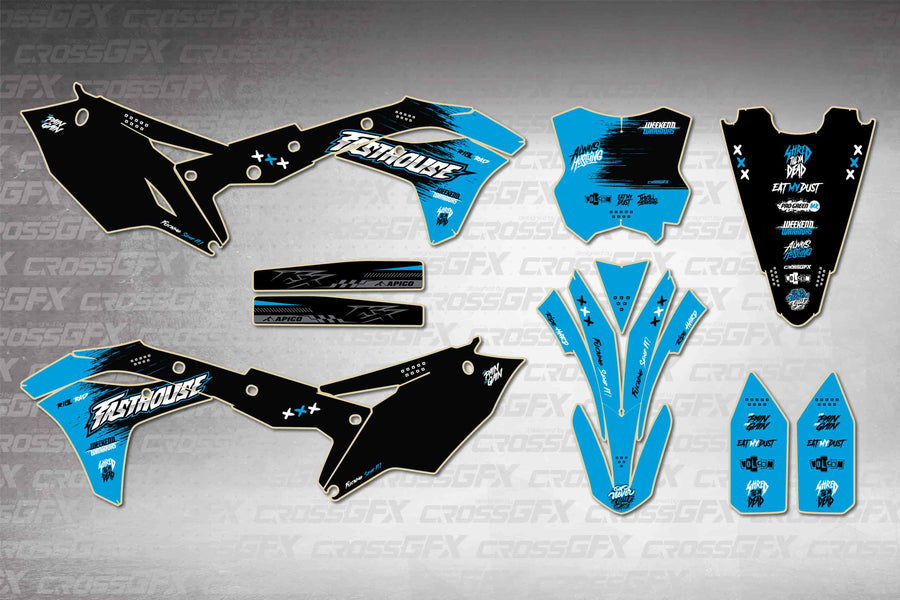 Graphics for Kawasaki KX 250F 2017-2020 - Savage Blue - flat layout showing all decal pieces included