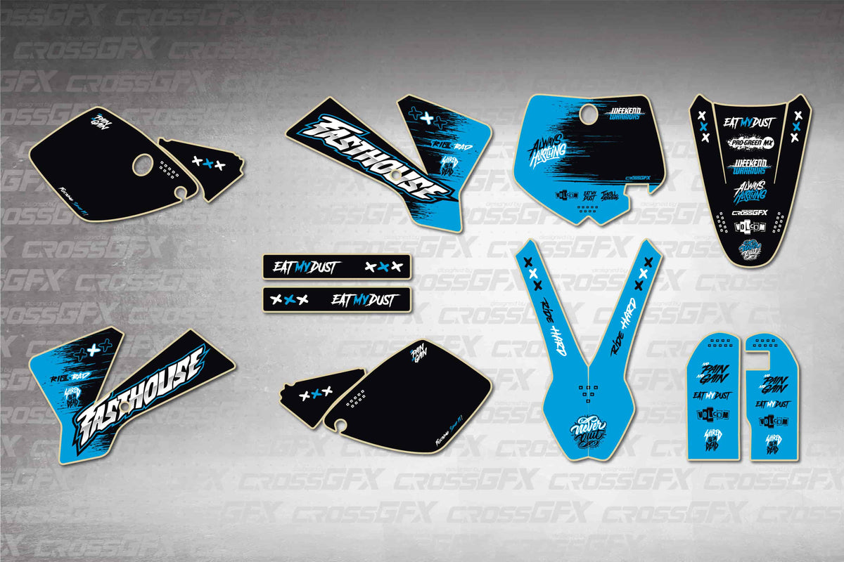 Graphics for KTM 65 SX 2002-2008 - Savage Blue - flat layout showing all decal pieces included