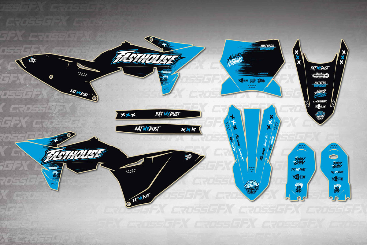 Graphics for KTM 85 SX 2025-2026 - Savage Blue - flat layout showing all decal pieces included