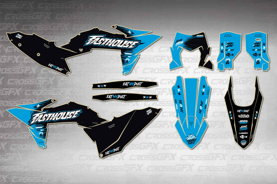 Graphics for KTM EXC-F 2026 - Savage Blue - flat layout showing all decal pieces included