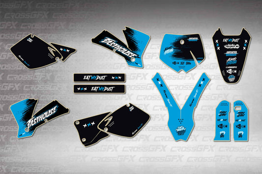 Savage Blue graphics kit for KTM MXC 2003 - flat layout design preview