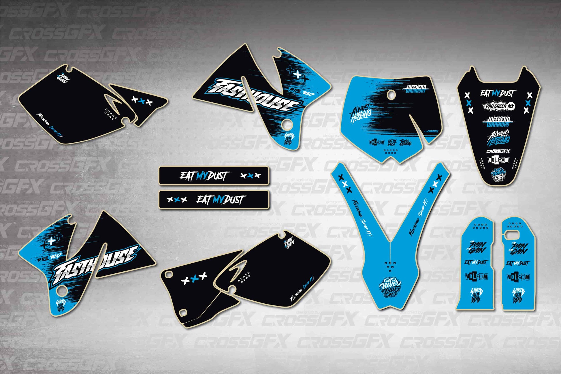 KTM SX 1998-2000 number plate decals - Savage Blue flat layout