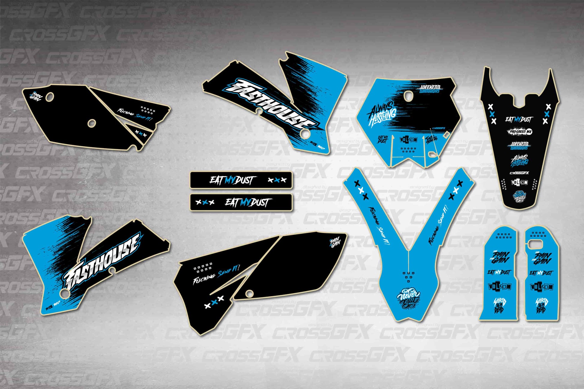 Savage Blue graphics kit for KTM SX 2003-2004, flat layout showing all pieces