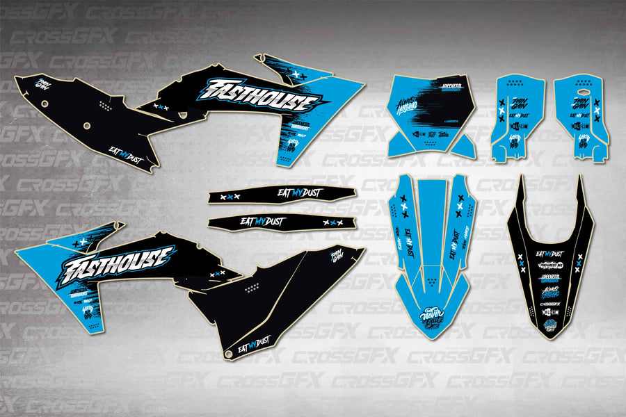 Graphics for KTM SX 2023-2024 - Savage Blue - flat layout showing all decal pieces included