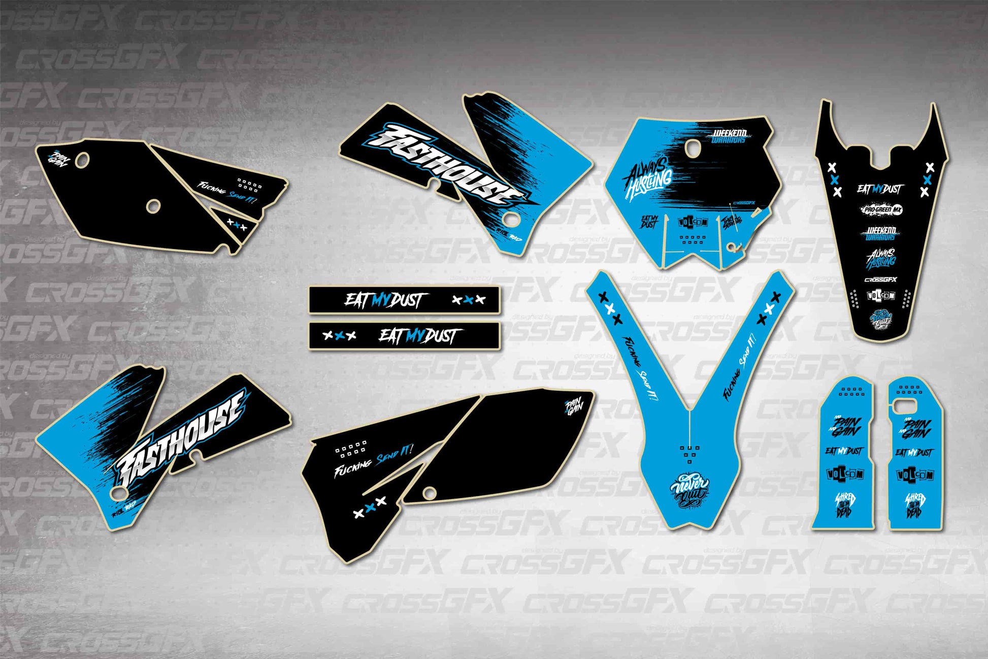 KTM XC 2006-2007 Savage Blue graphics kit - flat layout showing all decal pieces included