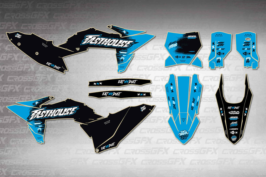 Graphics for KTM XC 2025-2026 - Savage Blue - flat layout showing all decal pieces included