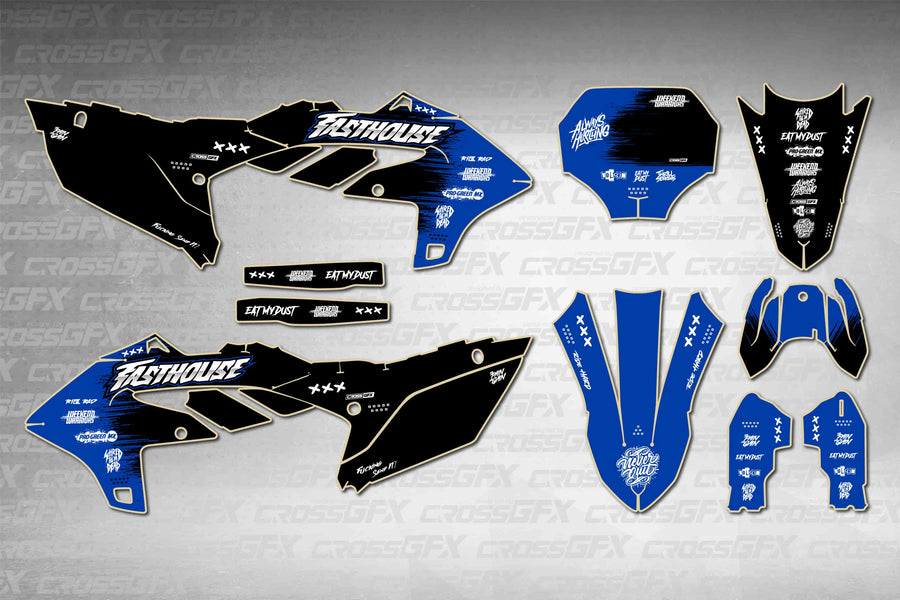 Graphics for Yamaha YZ 450FX 2024-2026 - Savage Blue - flat layout showing all decal pieces included