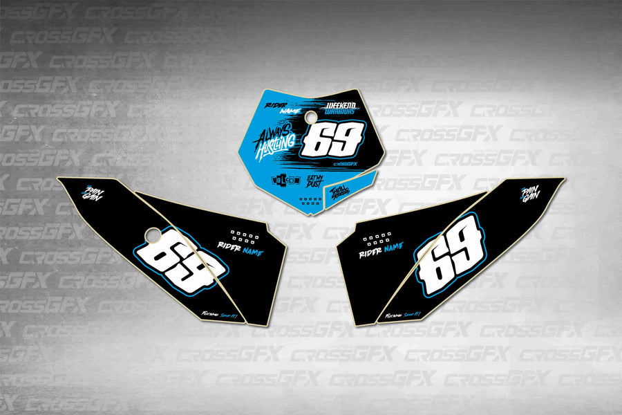 Graphics for KTM 50 SX 2009-2015 - Savage Blue number plate decals - flat layout showing all pieces included