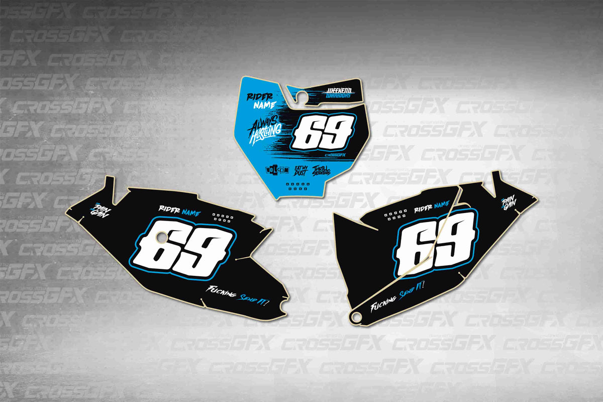Graphics for KTM 85 SX 2018-2024 - Savage Blue number plate decals - flat layout showing all pieces included