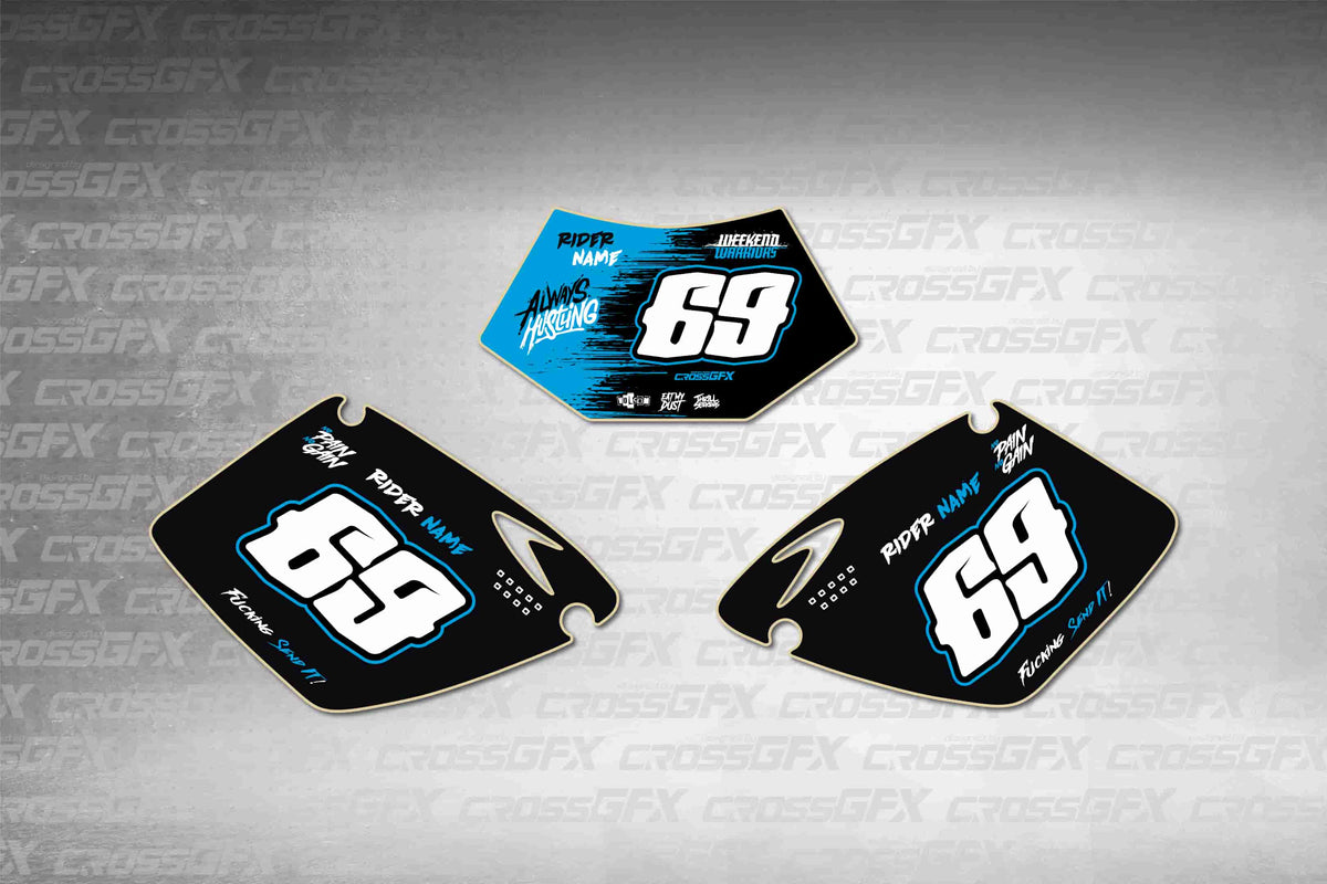 Graphics for KTM EXC 2001-2002 - Savage Blue number plate decals - flat layout showing all pieces included