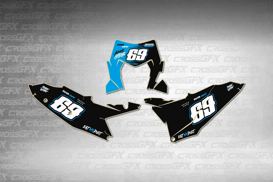 Graphics for KTM EXC 2026 - Savage Blue number plate decals - flat layout showing all pieces included