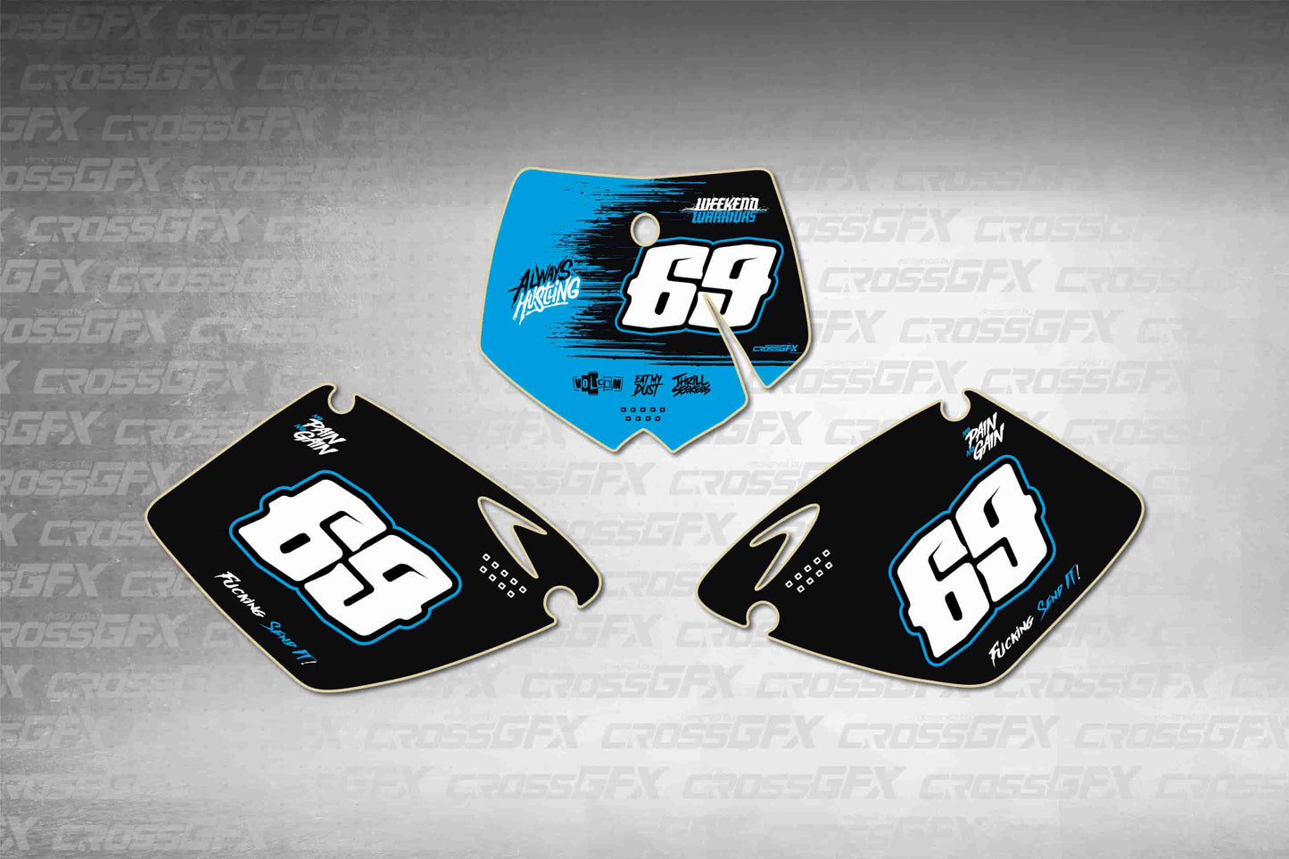 KTM SX 1998-2000 number plate decals - Savage Blue flat layout