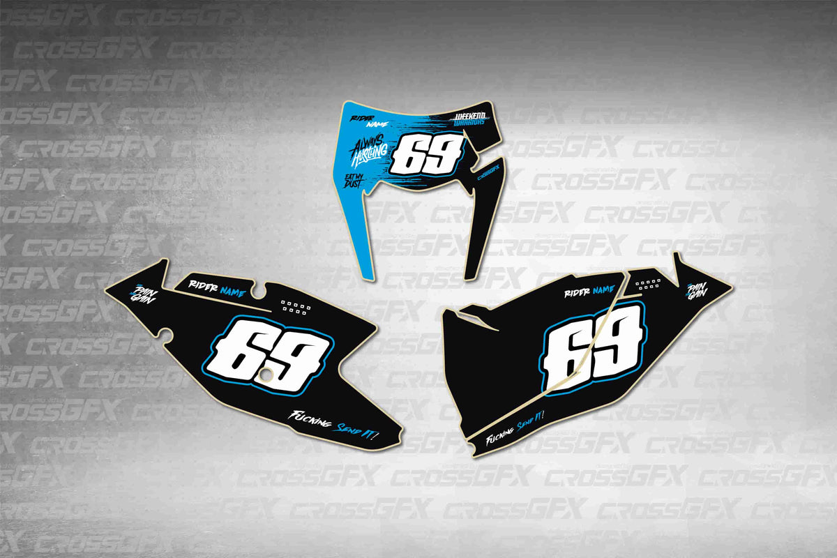 Graphics for KTM XC-W 2017-2019 - Savage Blue number plate decals - flat layout showing all pieces included