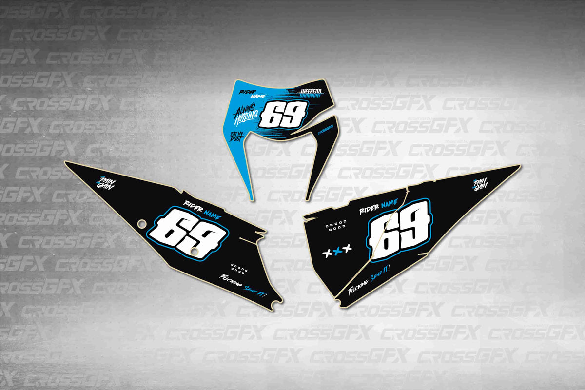 Graphics for KTM XC-W 2020-2023 - Savage Blue number plate decals - flat layout showing all pieces included