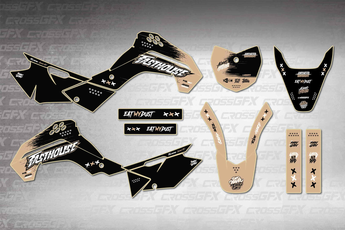Graphics for Kawasaki KLX 140 2008-2018 - Savage Brown - flat layout showing all decal pieces included