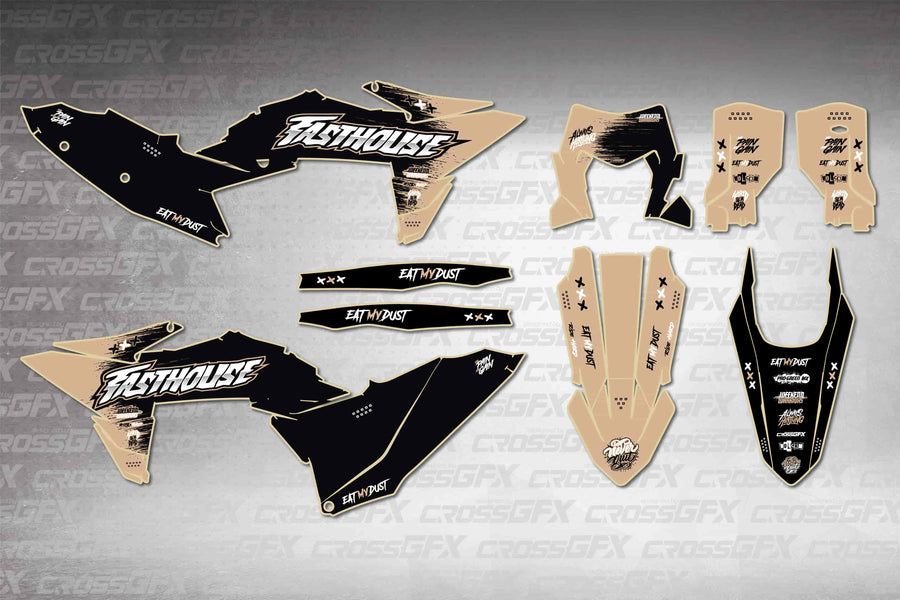Graphics for KTM XCF-W 2026 - Savage Brown - flat layout showing all decal pieces included