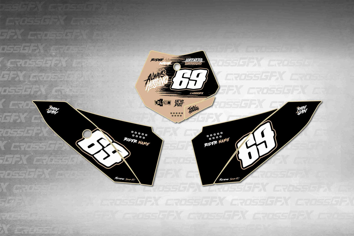 Graphics for KTM 50 SX 2009-2015 - Savage Brown number plate decals - flat layout showing all pieces included