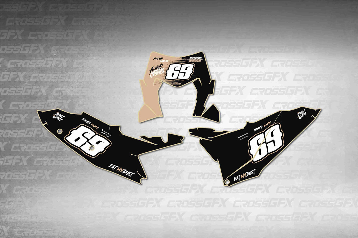 Graphics for KTM XCF-W 2026 - Savage Brown number plate decals - flat layout showing all pieces included