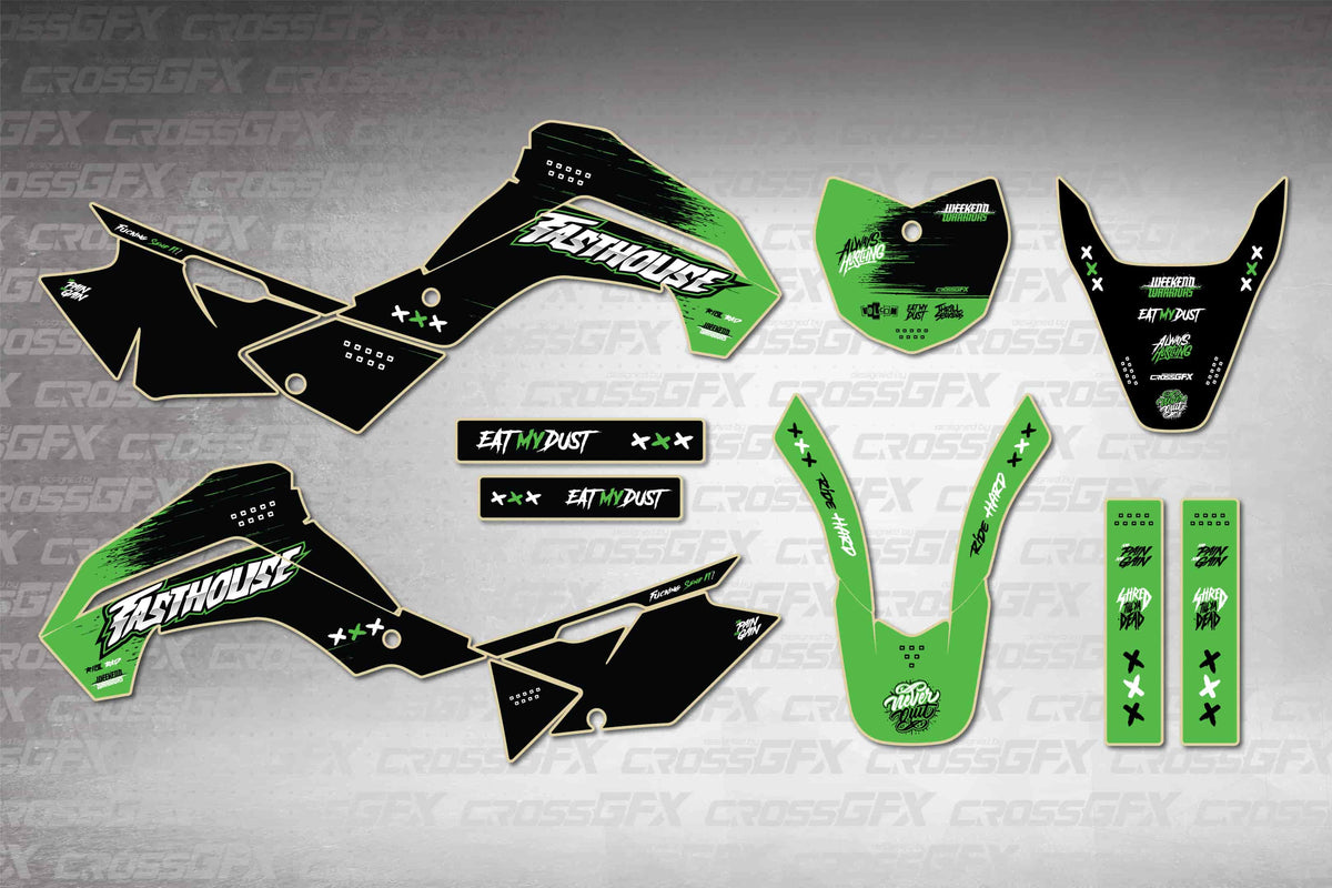 Graphics for Kawasaki KLX 140 R/RL 2021-2025 - Savage Green - flat layout showing all decal pieces included