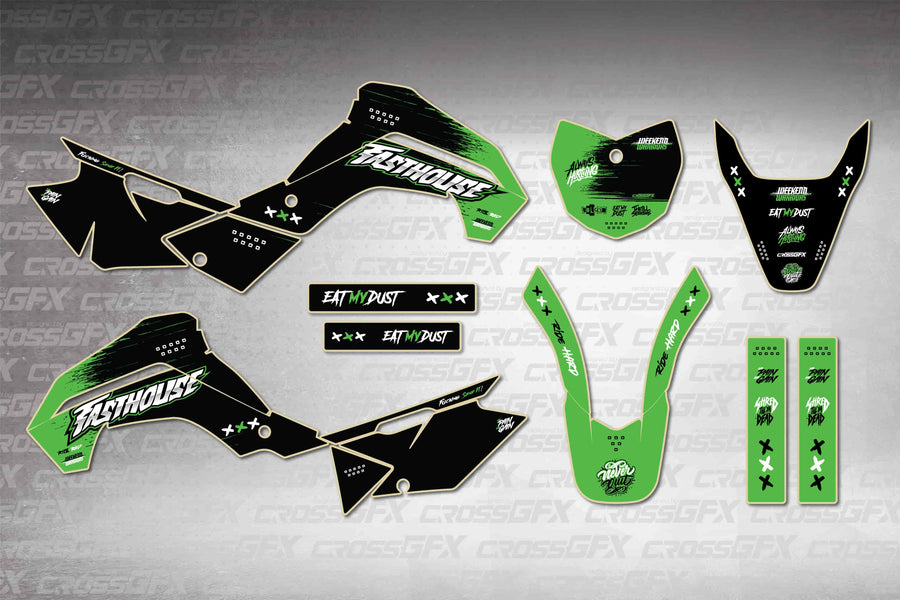 Graphics for Kawasaki KLX 140 R/RL 2021-2025 - Savage Green - flat layout showing all decal pieces included