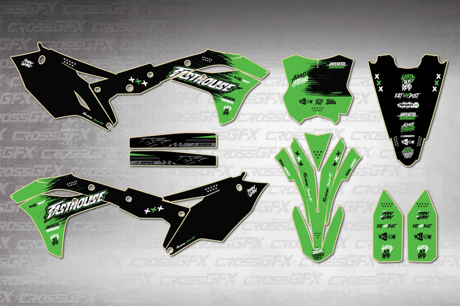 Graphics for Kawasaki KX 250F 2017-2020 - Savage Green - flat layout showing all decal pieces included