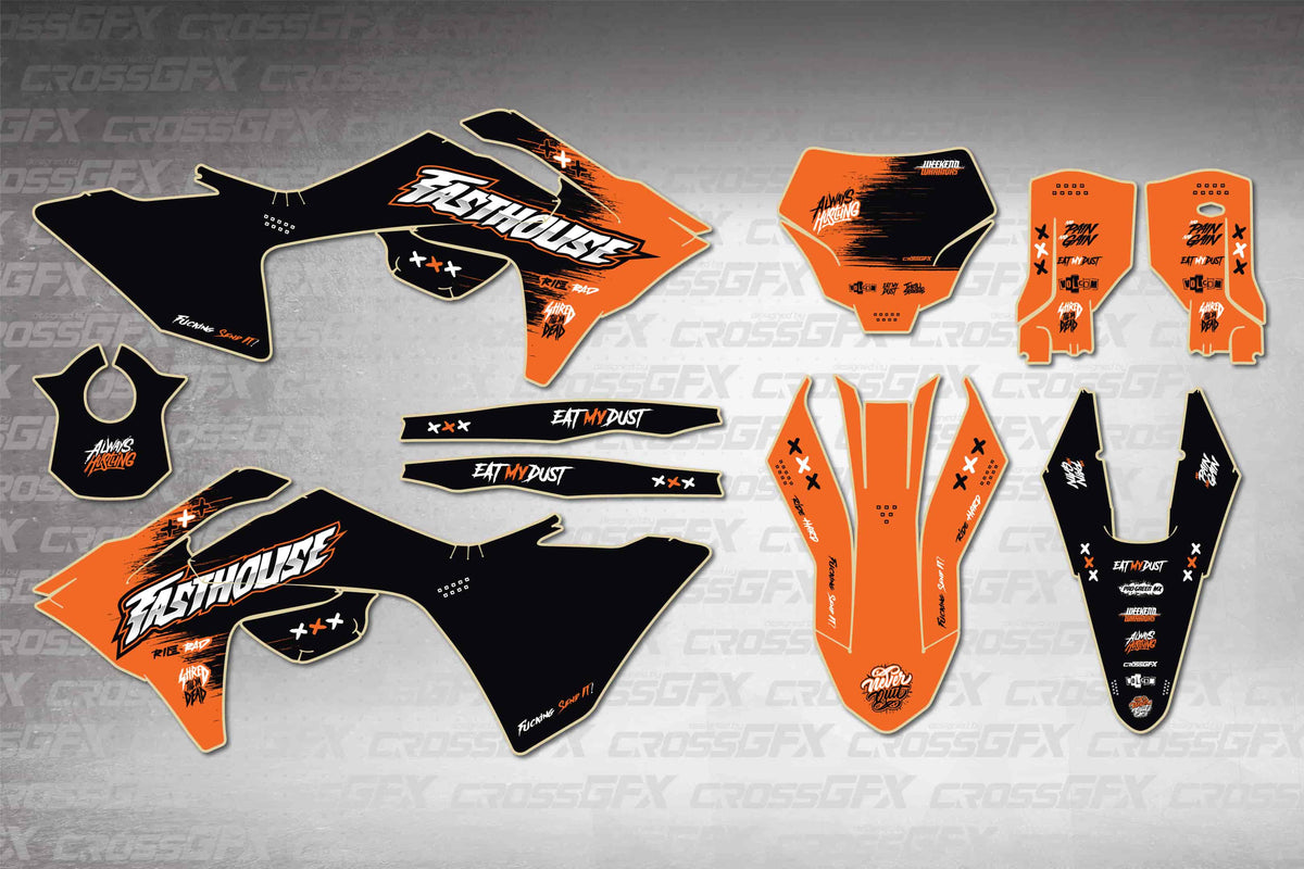 GasGas MC 2024-2026 Savage Orange graphics kit - flat layout showing all decal pieces included